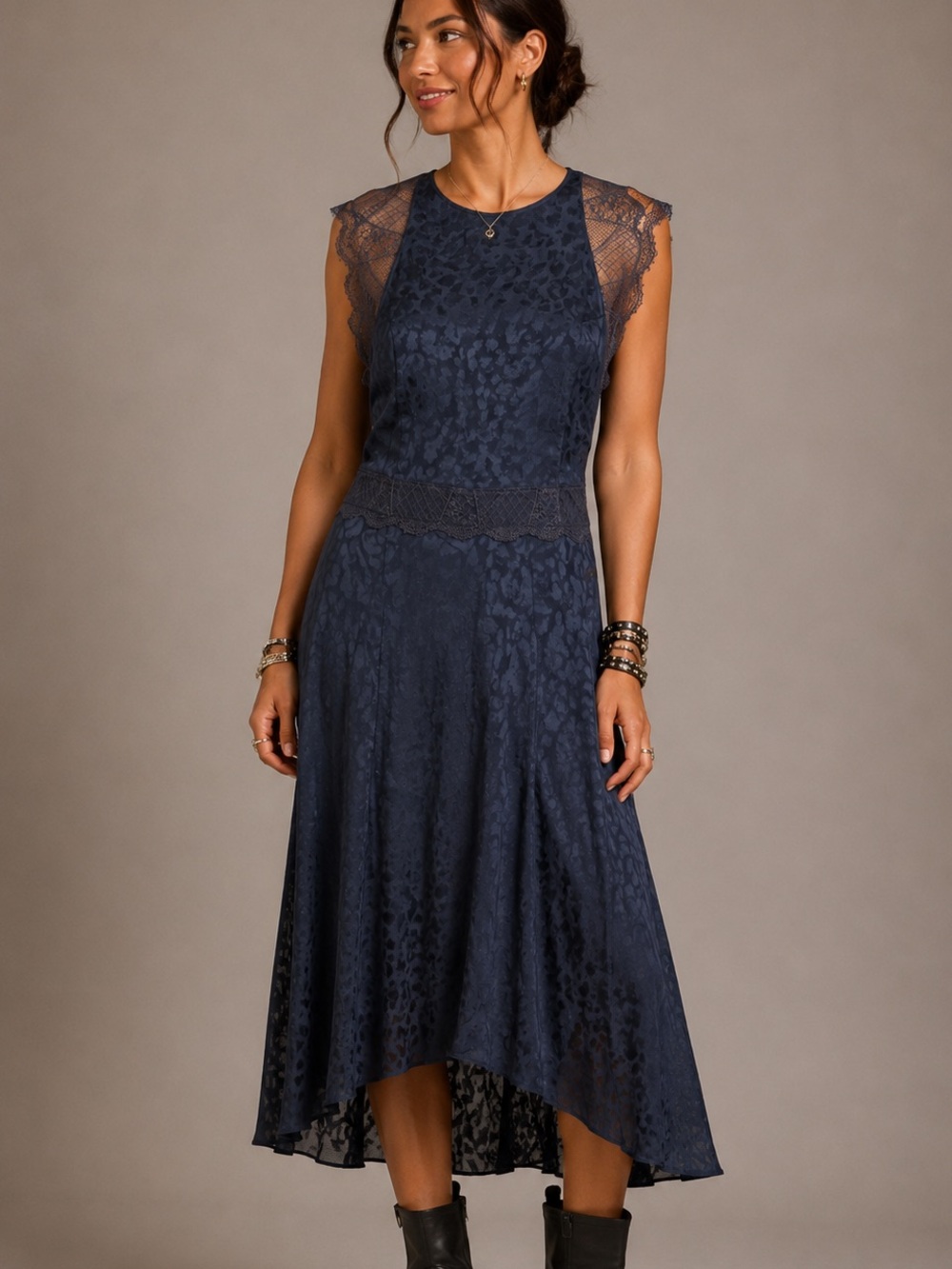 Zadig & Voltaire Roberto Jac Leo Silk Dress Size S Lace Trim High Low Slate Blue